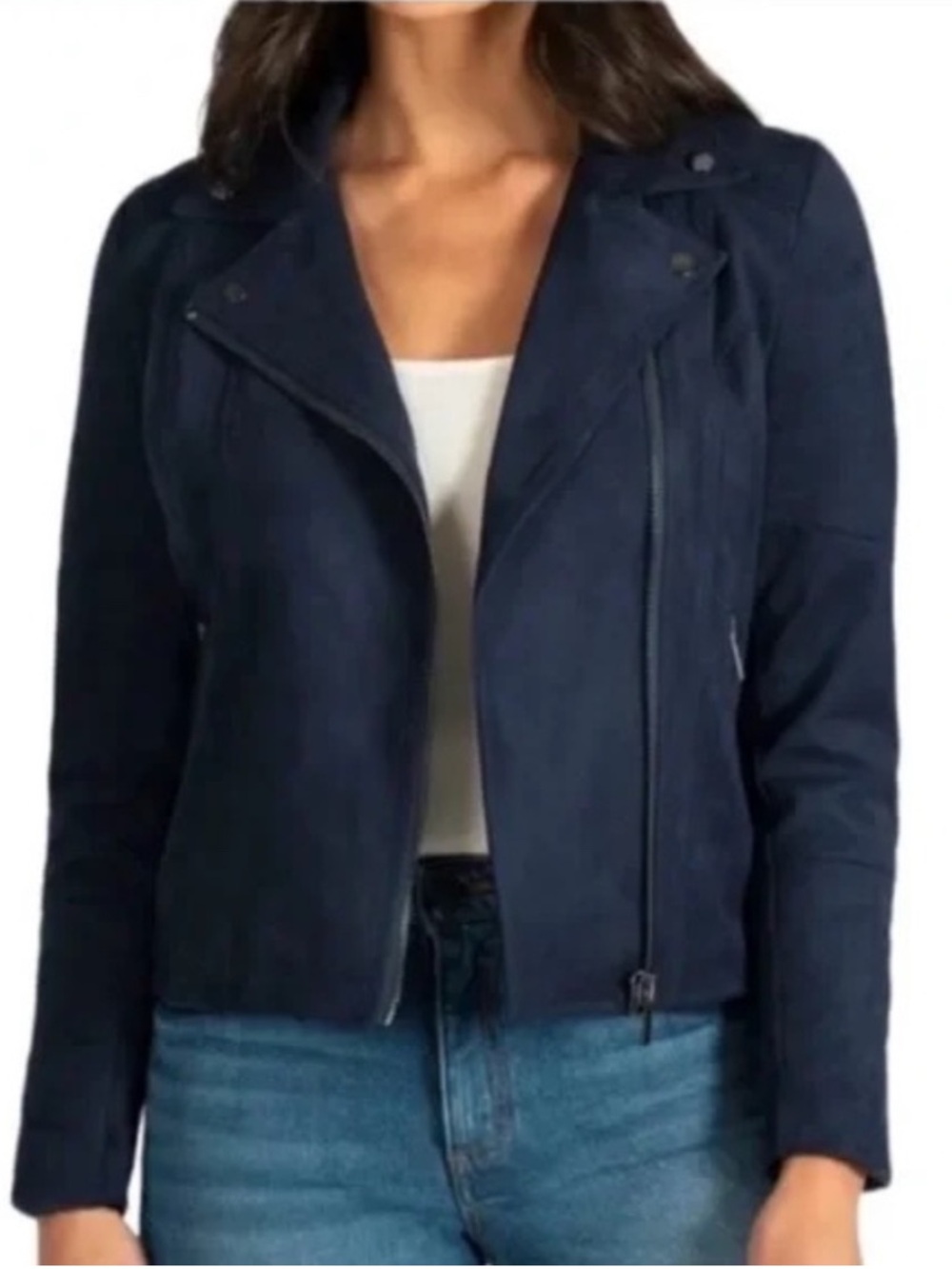 Kut from the Kloth Quinn KJ47701 Navy Faux Suede Moto Jacket Women’s L EUC